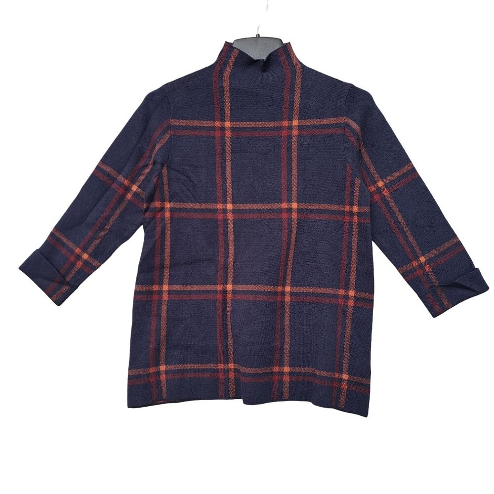 Max Studio Top Sweater Short Sleeve Plaid Blue Mock Neck Womens Medium
